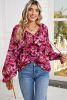Rose Red Floral Print Drawstring Frill V Neck Blouse