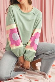 Smoke Green Flower Patchwork Exposed Seam Raglan Sleeve Top (size: (US 16-18)XL)