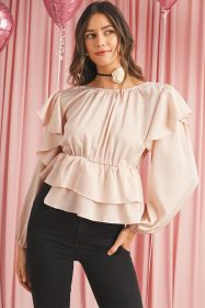 Oatmeal Elegant Satin Ruffle Long Sleeve Blouse (size: (US 16-18)XL)
