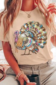 Khaki Heat Transfer Printing Thanksgiving Turkey Print Round Neck T Shirt (size: (US 4-6)S)
