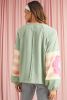 Smoke Green Flower Patchwork Exposed Seam Raglan Sleeve Top