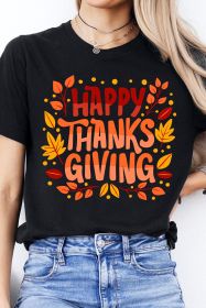 Black Happy Thanksgiving Leaves Print Crew Neck T Shirt (size: (US 4-6)S)