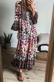 Pink Western Leopard Printed 3/4 Sleeve Buttoned Front Tiered Maxi Dress (size: (US 16-18)XL)