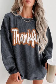 Gray Thankful Drop Shoulder Corded Graphic Thanksgiving Sweatshirt (size: (US 4-6)S)
