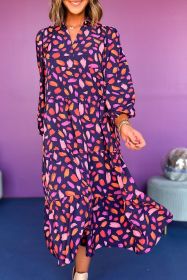 Blue Abstract Print Collared Tiered Flowy Maxi Dress (size: (US 16-18)XL)