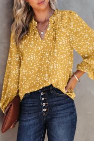 Yellow Frill Split V Neck Boho Crinkled Blouse (size: (US 16-18)XL)