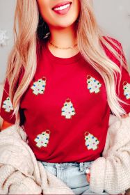 Red Christmas Tree Patched Pattern Graphic Crew Neck T Shirt (size: (US 4-6)S)
