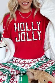 Red HOLLY JOLLY Letter Graphic Crew Neck T Shirt (size: (US 4-6)S)