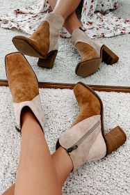 Camel Two Tone Faux Suede Square Toe Chunky Heel Boots (size: (US 8.5)40)