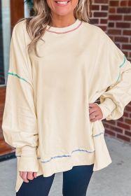 White Contrast Stitching Split Oversized Sweatshirt (size: (US 4-6)S)
