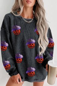 Black Sequined Halloween Pumpkin Ribbed Oversized Graphic Sweatshirt (size: (US 4-6)S)
