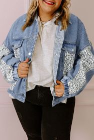 Beau Blue Leopard Patchwork Plus Size Denim Jacket (size: (US 26W-28W)4X)