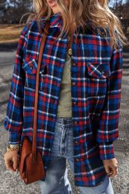 Navy Blue Plaid Flap Pocket Button Up Shacket (size: (US 16-18)XL)