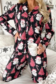 Black Christmas Santa Printed Two Piece Pajamas Set (size: (US 16-18)XL)