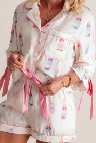 White Wine Glass Print Ribbon Bow Decor Plus Size Pajama Set (size: (US 26W-28W)4X)