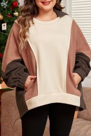 Brown Plus Size Exposed Seam Patchwork Sweatshirt (size: (US 26W-28W)4X)