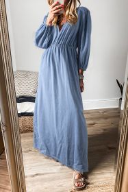 Myosotis Chambray Deep V Neck Bracelet Sleeve Maxi Dress (size: (US 16-18)XL)