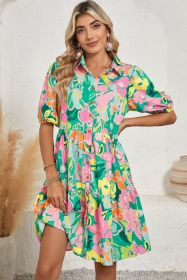 Green Floral Puff Sleeve Buttoned Babydoll Dress (size: (US 16-18)XL)