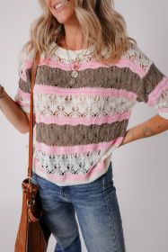 Brown Stripe Color Block Hollow Crochet Sweater (size: (US 16-18)XL)