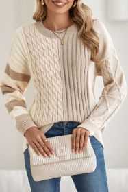 Khaki Cable Knit Colorblock Crew Neck Drop Shoulder Sweater (size: (US 16-18)XL)