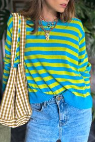 Green Stripe Crew Neck Drop Shoulder Casual Sweater (size: (US 16-18)XL)