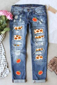 Sky Blue Ripped Pumpkin Patchwork Halloween Straight Jeans (size: 8)