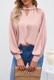 Pink Elegant Keyhole Long Sleeve Satin Blouse (size: (US 16-18)XL)