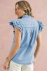 Beau Blue Button Front Ruffled Flutter Frayed Denim Top