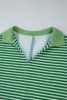 Green Stripe V Neck Collared Waffle Patchwork Loose Top