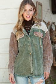 Green Color Block Button Down Hooded Corduroy Jacket (size: (US 4-6)S)
