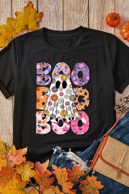 Black BOO Floral Ghost Print Crew Neck Halloween T Shirt (size: (US 16-18)XL)