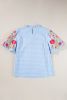 Light Blue Flower Embroidered Puff Sleeve Gingham Blouse