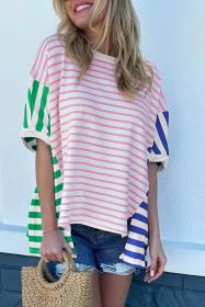 Multicolour Colorblock Stripe Patchwork Baggy T Shirt (size: (US 4-6)S)