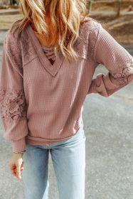 Pink Waffle Knit Lace Patchwork Criss Cross Straps V Neck Top (size: (US 16-18)XL)
