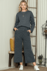 Dark Grey Solid Color Quilted Long Sleeve Top and Wide Leg Pants Set