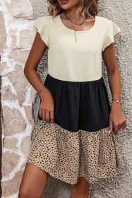 Light Beige Animal Spot Colorblock Flutter Sleeve A-line Dress (size: (US 16-18)XL)