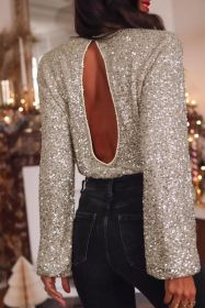 Silvery Sequin Puff Sleeve Cutout Back Blouse (size: (US 4-6)S)