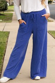 Sky Blue Corded Drawstring High Waist Pocket Plus Size Wide Leg Pants (size: (US 26W-28W)4X)