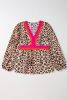Khaki Cheetah Color Block V Neck Balloon Sleeve Blouse