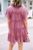 Rose Red Solid Color Flounce Sleeve Frill Tiered Dress