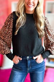 Black Leopard Print Long Sleeve Ribbed Knit Blouse (size: (US 16-18)XL)