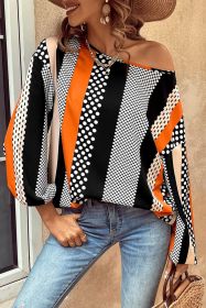 Orange Polka Dot Vertical Striped Puff Long Sleeve Blouse (size: (US 4-6)S)