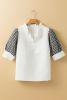 White Geometric Frill V Neck Puff Sleeve Blouse
