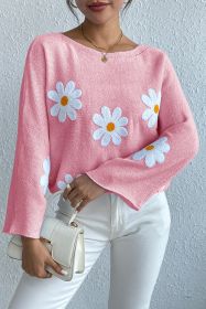 Pink Daisy Embroidered Loose Long Sleeve Knit Top (size: (US 12-14)L)