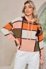 Orange Color Block Waffle Knit Drawstring Mock Neck Sweater