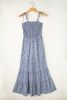 Dusk Blue Floral Print Spaghetti Straps Smocked Wide Leg Jumpsuit