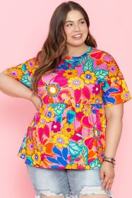 Pink Boho Floral Print Plus Size Babydoll Blouse (size: (US 14W-16W)1X)