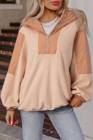 Light French Beige Patchwork Half Zip Oversized Sherpa Hoodie (size: (US 12-14)L)