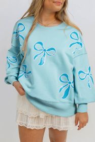 Beau Blue Sequin Bow Drop Shoulder Oversized Sweatshirt (size: (US 12-14)L)