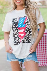White Leopard American Flag Lightning Graphic T Shirt (size: (US 18-20)2XL)